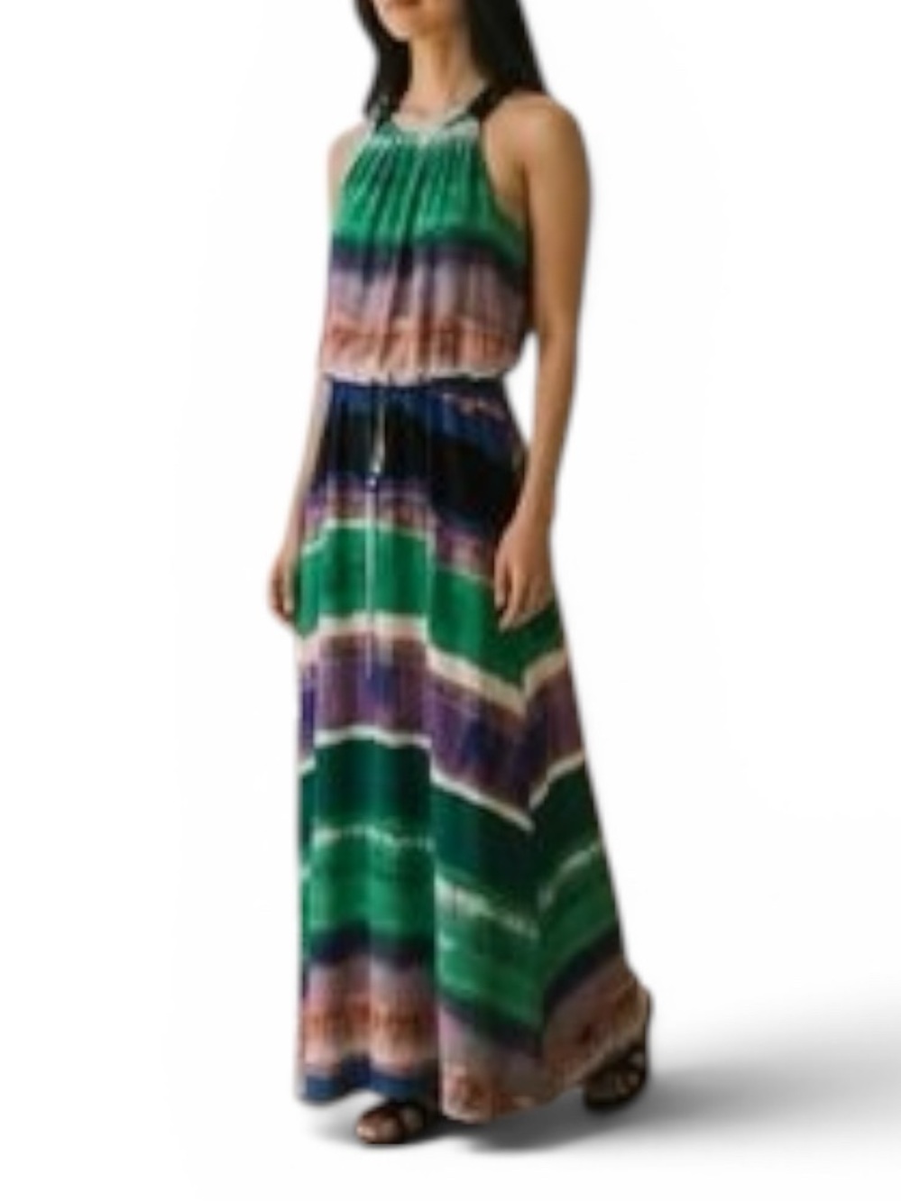 CALVIN KLEIN Green Purple Stripe Halter Maxi Dress